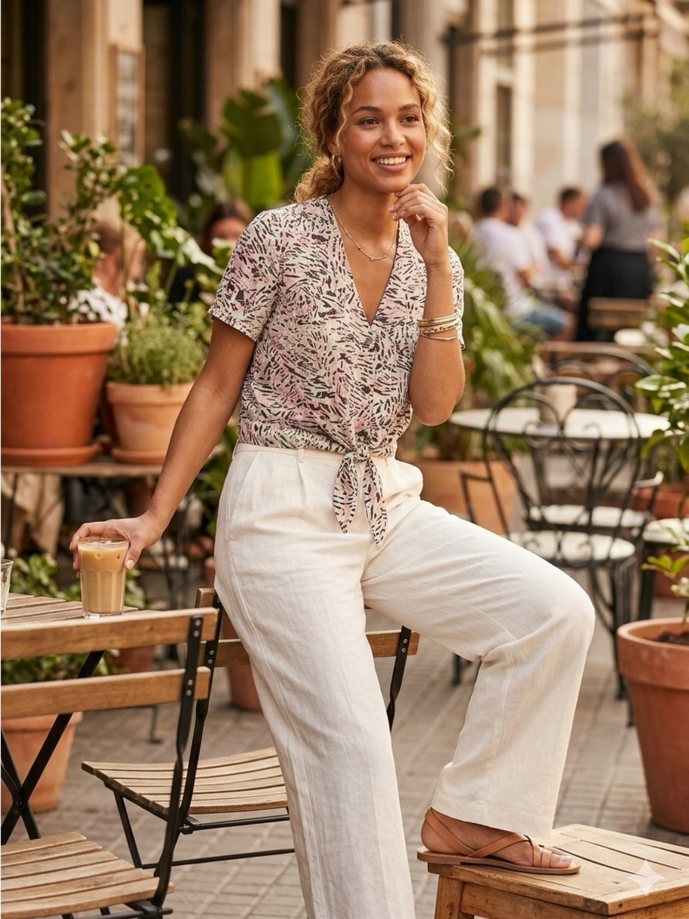 ✨3x$30✨ Vero Moda Easy Abstract Print Front-Tie Cropped Blouse - Size S